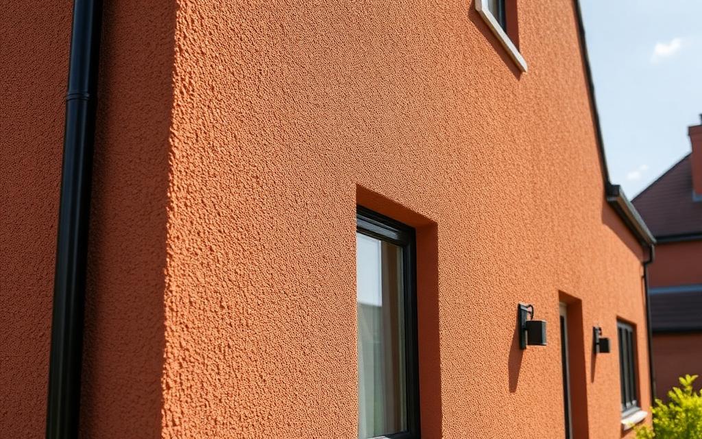 Terracotta monocouche render finish on a modern UK house — through-coloured single-coat cement-based rendering system