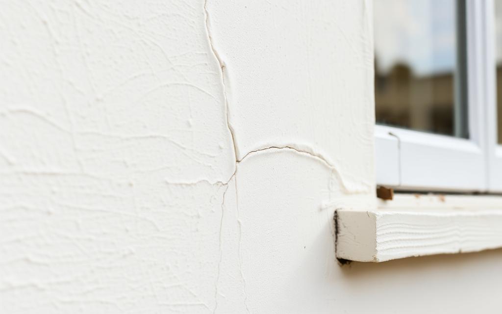 Cream-painted sand and cement render on a UK house wall with a hairline crack running from a window corner — typical cracking failure in traditional cement-based house rendering