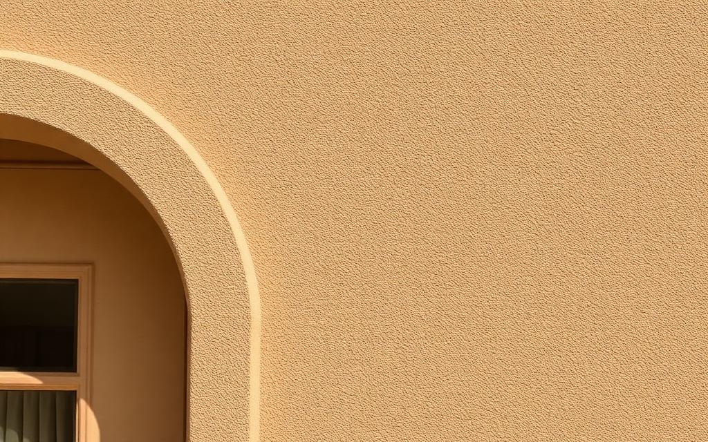 Beige spray cork render coating on a UK house exterior — modern flexible breathable rendering finish with integral insulation